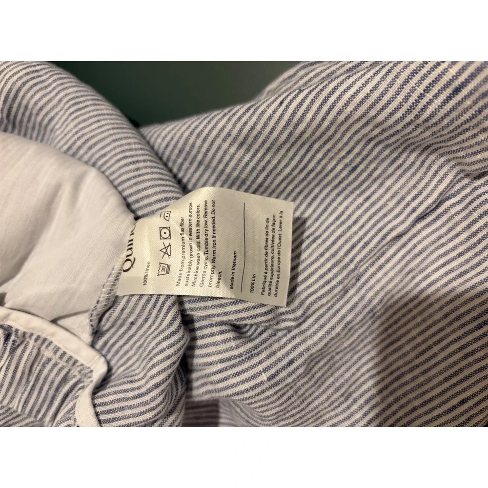 Quince 100% Linen Striped Pants Blue White Elastic Waist Cropped Trousers M